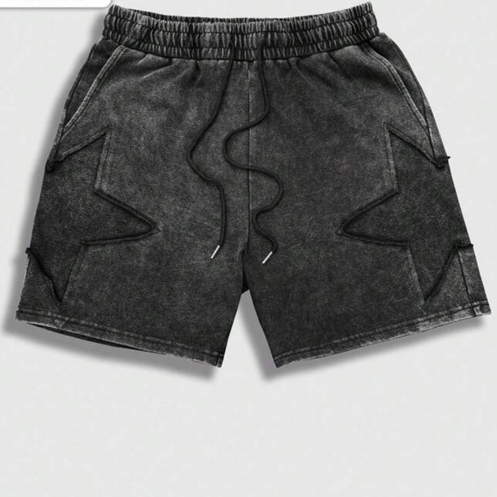 Men’s Unisex Star Twill Patch Pattern Black Acid Wash Drawstring Casual Shorts - Picture 2 of 2